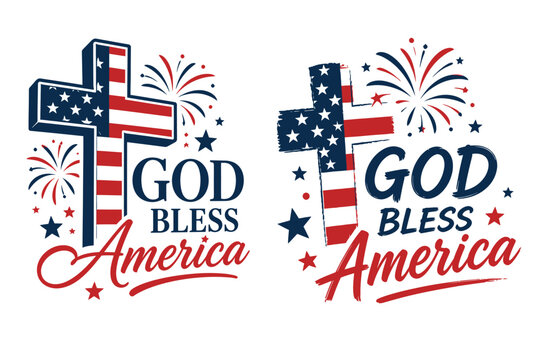 God bless america religious patriotic graphic set with christian cross in american flag stars and stripes pattern and fireworks christian religion patriotic fireworks celebration independence