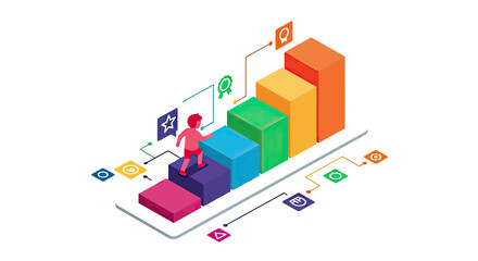 Fototapeta premium Isometric vector illustration of a person climbing a colorful bar graph representing career growth, success, and personal achievement