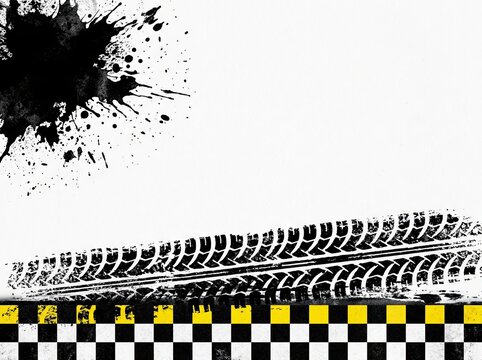 Abstract grunge background with tire tracks, paint splashes and geometric pattern, black white and yellow urban design, dynamic motion texture, street style graphic backdrop