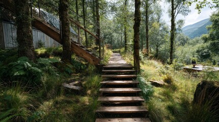 Fototapeta premium Wood stairs on mountain glamping site.