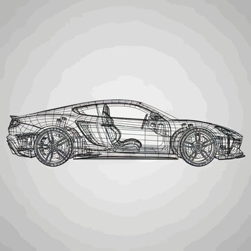 Wireframe 3D Mesh Illustration of a Modern Sports Car Prototype for Engineering and Design Concept