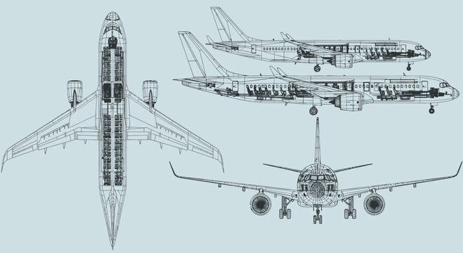 Detailed Technical Blueprint Wireframe of a Commercial Passenger Airplane with Interior Seating and Multi-Angle Views