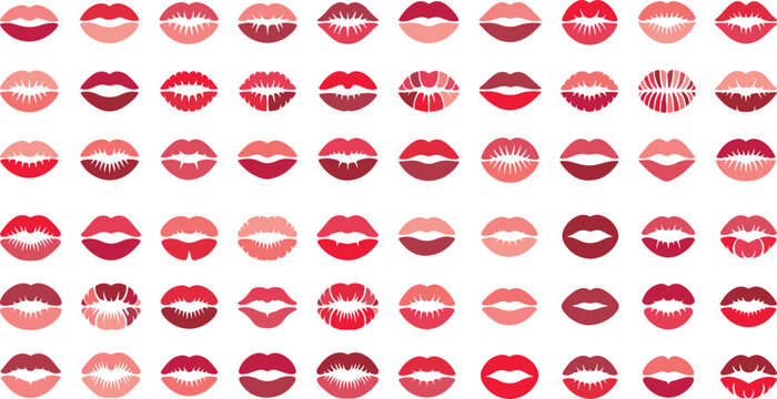 Collection of various colorful lipstick kiss marks on white background for design