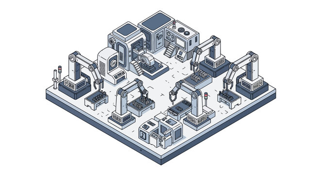 Automated factory with robotic arms in isometric view.