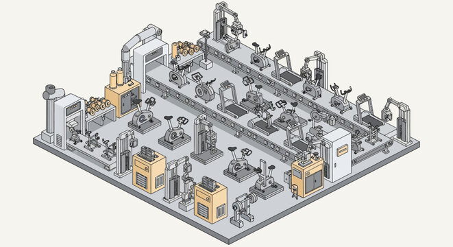 Isometric illustration of a fitness equipment factory with gym machines on assembly lines
