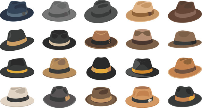 Classic Fedora Hat Collection Set in Various Colors and Styles Including Black, Brown, Gray, and Tan for Fashion and Retro Design Projects