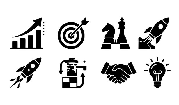 Monochrome business innovation icon collection in circular layout with rocket and atom