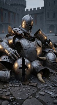 Pile of Broken Medieval Armor Pieces and Helmets