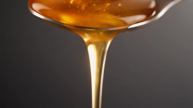 アンバー色に輝く蜂蜜、スプーンから流れ落ちる

