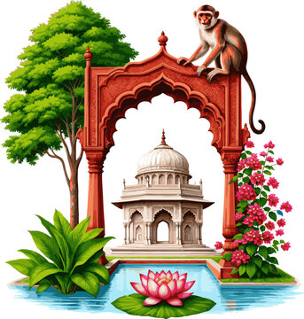 Isolated a realistic Mughal garden with temple, arch. monkey, plant, tree, lotus, bougainvillea flower seamless pattern vector art with white background.