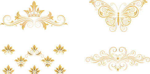 Golden ornamental elements set with butterfly and floral motifs, vintage baroque decorative design, elegant luxury collection, classic vector illustration isolated © SreeMoti