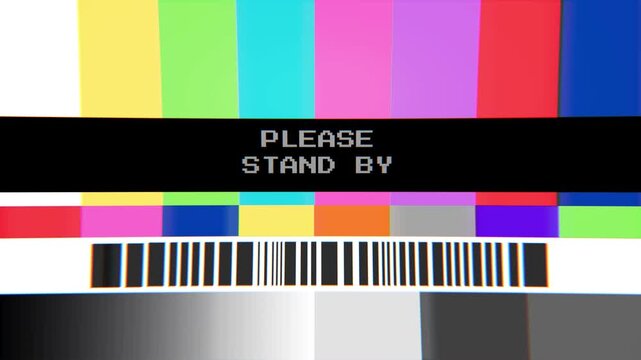Retro broadcast test screen featuring color bars and standby text