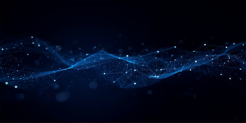 Abstract futuristic network background with glowing blue nodes and smooth sine wave mesh lines, dynamic data visualization, neon light grid, big data flow, cloud computing and digital communication co © Vactor Viky