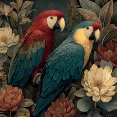 Obraz premium Vibrant parrot perched on green leaves with red and yellow flowers