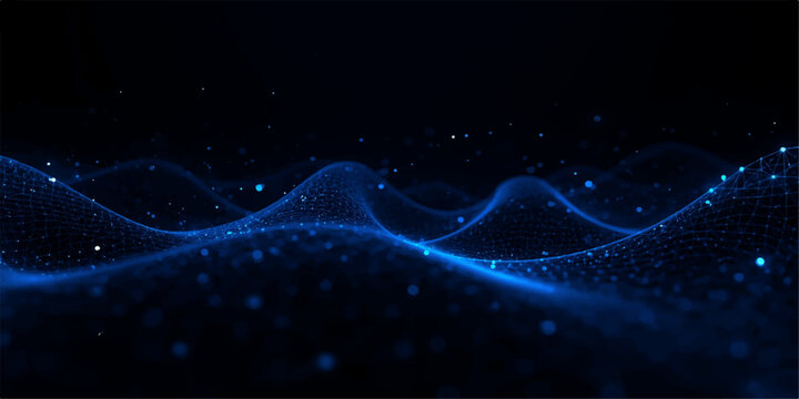 Abstract digital network wave featuring glowing blue particles and delicate mesh lines in motion, dynamic data stream visualization and cyber technology background