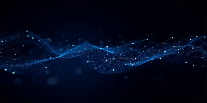 Abstract futuristic network background with glowing blue nodes and smooth sine wave mesh lines, dynamic data visualization, neon light grid, big data flow, cloud computing and digital communication co