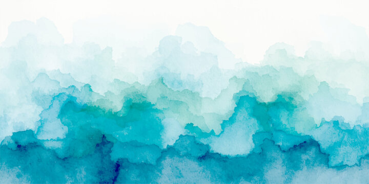 Abstract blue watercolor background with soft flowing ocean waves and layered ink wash texture in aqua teal and navy tones creating a calm atmospheric gradient with misty edges and fluid minimalist de