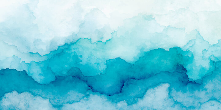 Abstract watercolor ocean wave background in serene blue teal aqua tones with layered ink wash texture soft gradients and misty edges forming a calm artistic fluid backdrop for modern minimalist desig