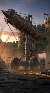Massive medieval battering ram near castle gate