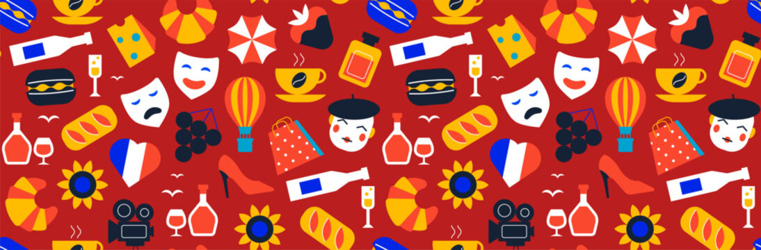 Seamless geometric ornament with colorful French symbols, Paris and Mediterranean cultural pattern