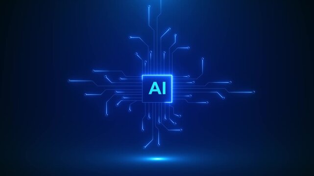 Centered blue AI chip background with glowing circuit branches, dark tech space, soft floor light, clean futuristic mood. artificial intelligence, automation promos, software intros, digital overlays.