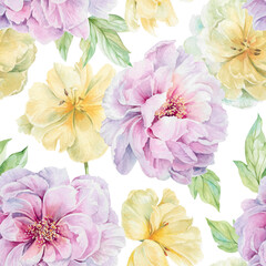 Obraz premium Pink peonies, yellow tulip flowers, fresh green leaves, buds hand drawn floral watercolor illustration isolated on white. Delicate seamless pattern for nature designs, holiday, wedding textile, prints