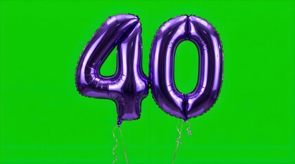 Fototapeta premium Shiny purple foil balloons form the number 40 against a vibrant green background, perfect for celebrations.