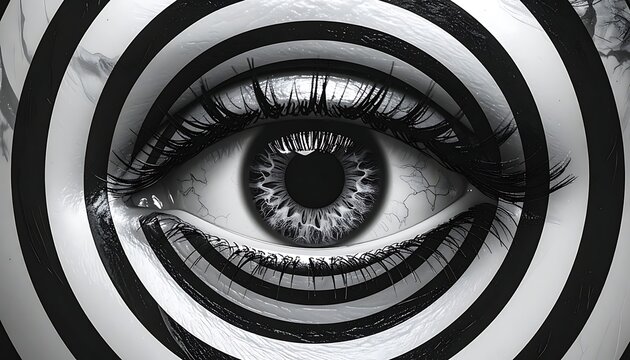 A surreal close-up of a human eye surrounded by concentric black and white circles