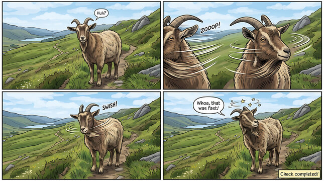 A humorous comic sequence of a mountain goat vigorously shaking its head in a serene natural landscape, demonstrating a playful completion of an action