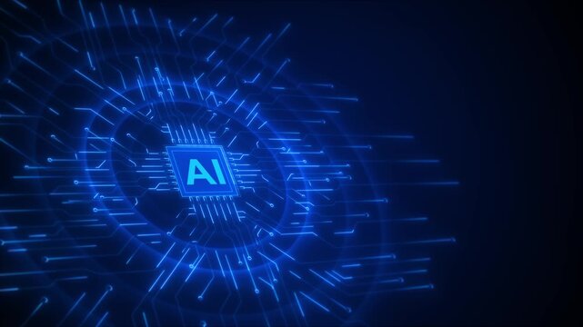 AI circuit motion background with glowing blue processor, fast horizontal paths, gradient space, and futuristic energy. machine learning videos, automation intros, software promos, digital overlays.