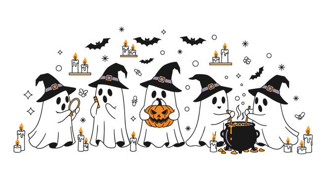 Coven of cute ghosts dressed in black witch hats brew a magical potion in a cauldron during a spooky Halloween night celebration.