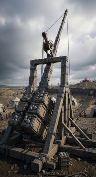 Massive wooden trebuchet ready for medieval siege warfare