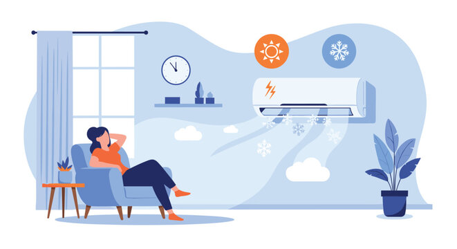Woman enjoys a comfortable and cool home environment while relaxing in an armchair under a modern wall mounted air conditioning unit.