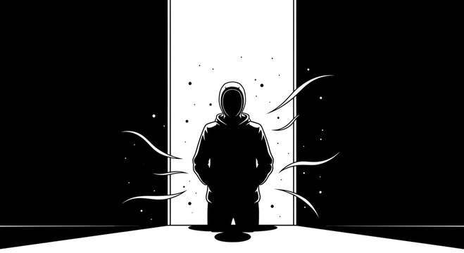 Minimalist hooded silhouette standing in a bright doorway vector