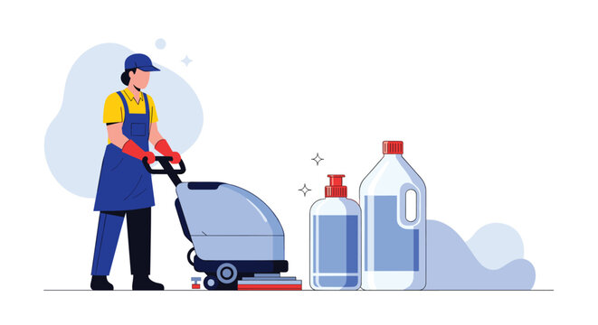 Professional female cleaner operating an industrial floor scrubber machine next to bottles of cleaning chemicals in a workspace.