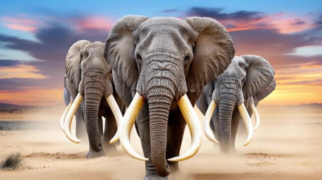 A group of elephants walking in the desert. The elephants are all facing the same direction and are walking in a line