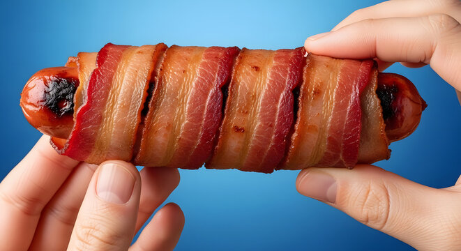 Hands Holding Bacon Wrapped Sausage