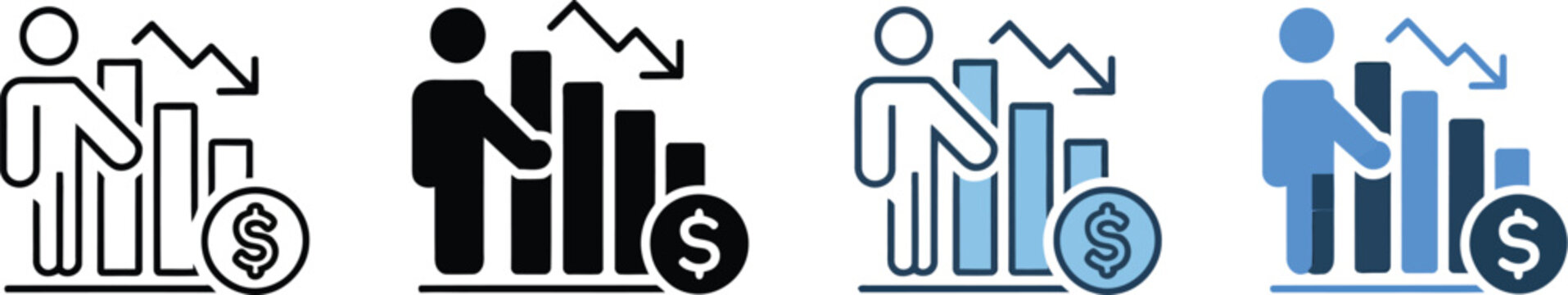 Poverty rate icon vector design featuring multiple style variations for economic inequality social statistics and financial hardship concept