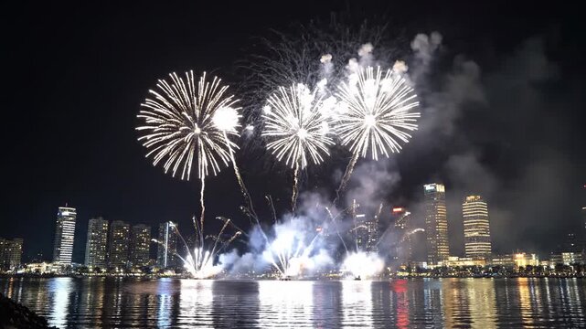 Bright white firework exploding over a modern city skyline at night with water reflections.