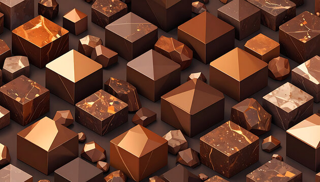 Geometric abstract pattern of metallic copper cubes and rough mineral rocks, isometric view, warm tones, luxurious texture, 3d rendering