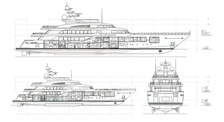 Technical Blueprint Illustration of a Luxury Motor Yacht Showing Profile and Rear View Elevations