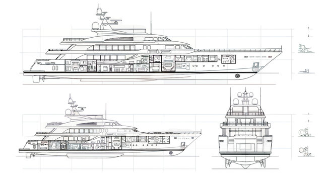 Technical Blueprint Illustration of a Luxury Motor Yacht Showing Profile and Rear View Elevations