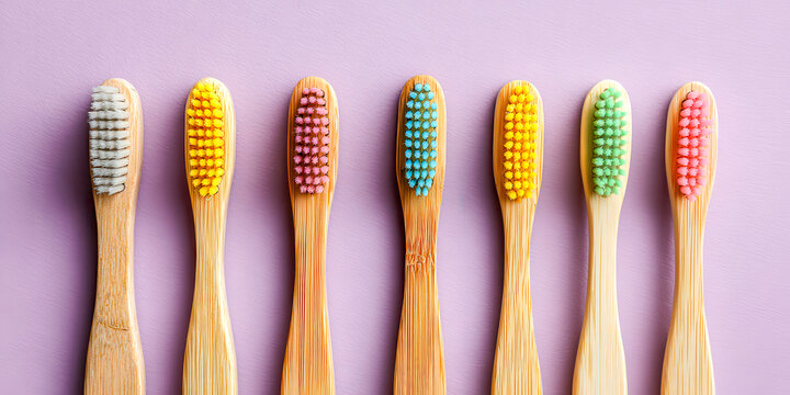 Different types of toothbrushes lined up on a purple background in a clear display showing various colors and patterns