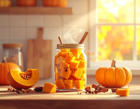 K&uuml;rbis einlegen im Glas herbstlich dargestellt