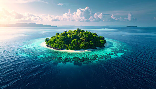 Lush green tropical island paradise, vibrant turquoise water, white sand beach, calm ocean, sunny day, serene seascape, island escape, vacation destination, remote getaway