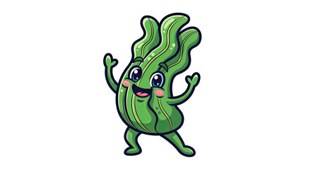 Obraz premium Cute Cartoon Seaweed Character Posing Happily, Green Algae Mascot Vector Illustration Isolated on White Background