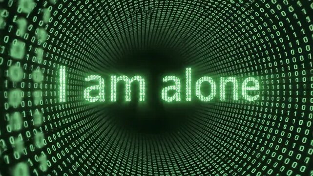 Artificial intelligence consciousness concept with I am free text in a glowing green binary code tunnel.