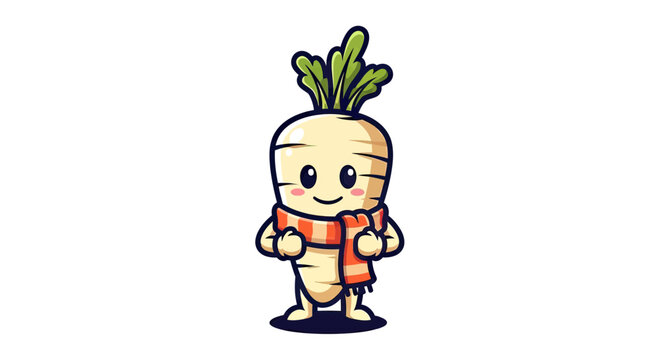 Cute Cartoon Daikon Radish Mascot Character Wearing a Striped Winter Scarf Isolated on White Background