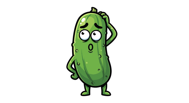 Confused Cartoon Cucumber Character Scratching Its Head, Puzzled Pickle Mascot Vector Illustration Isolated on White Background