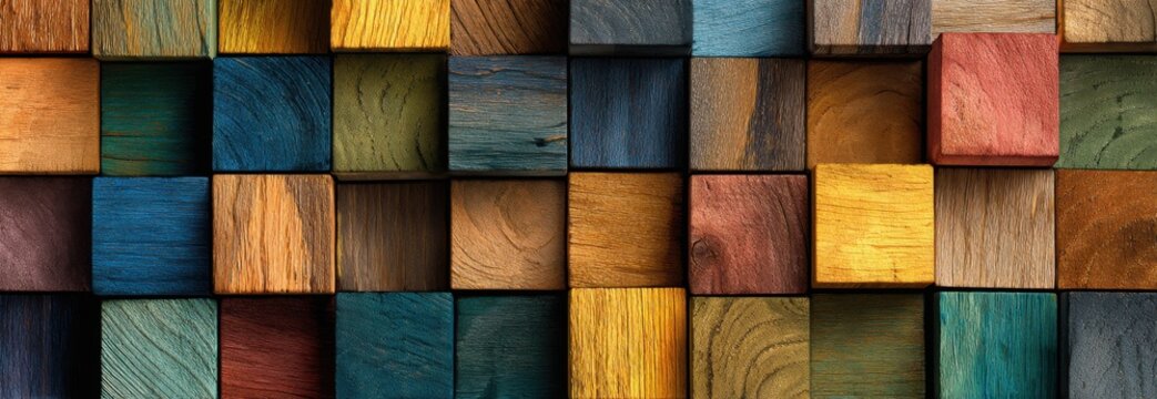 Abstract Mosaic of Colorful Wooden Cubes with Textured Surfaces.